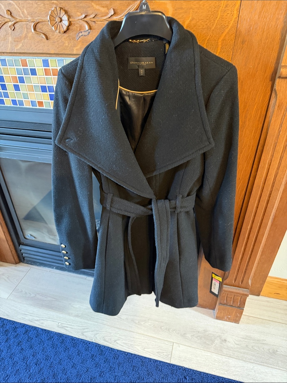 Donna Karan Black Wool-Blend Belted Trench Coat